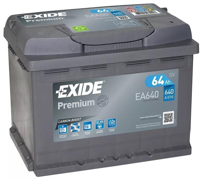 АКБ EXIDE Premium 12V 64Ah 640A, артикул EA640 242x175x190 /-+/