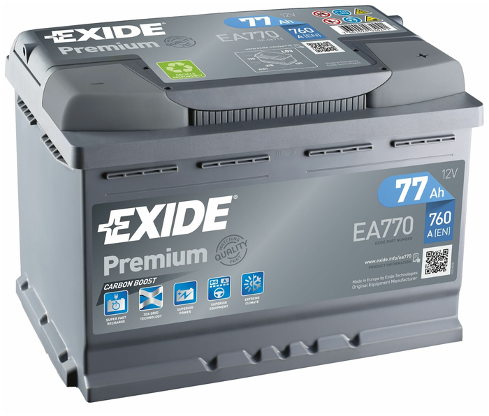АКБ EXIDE Premium 12V 77Ah 760A, артикул EA770 278x175x190 /-+/