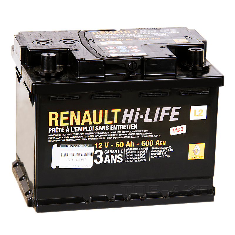 Аккумулятор автомобильный RENAULT Standart 60 А/ч, артикул 7711 238 597 обратная R+ 242x175x190 EN600 А
